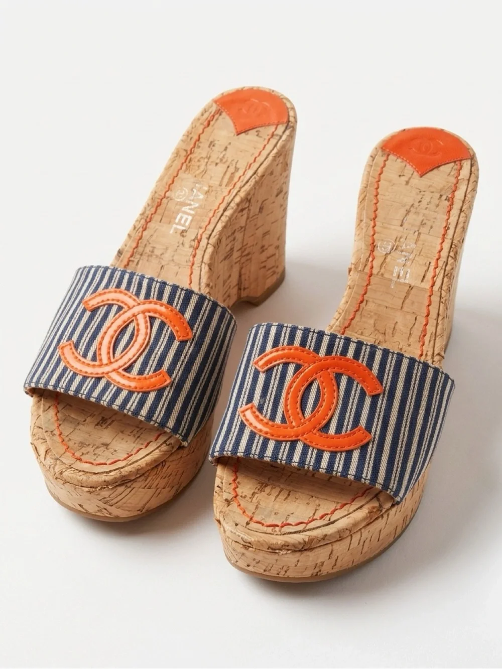 CHANEL Navy & White Striped Cork Wedge Slides with Orange CC Accents